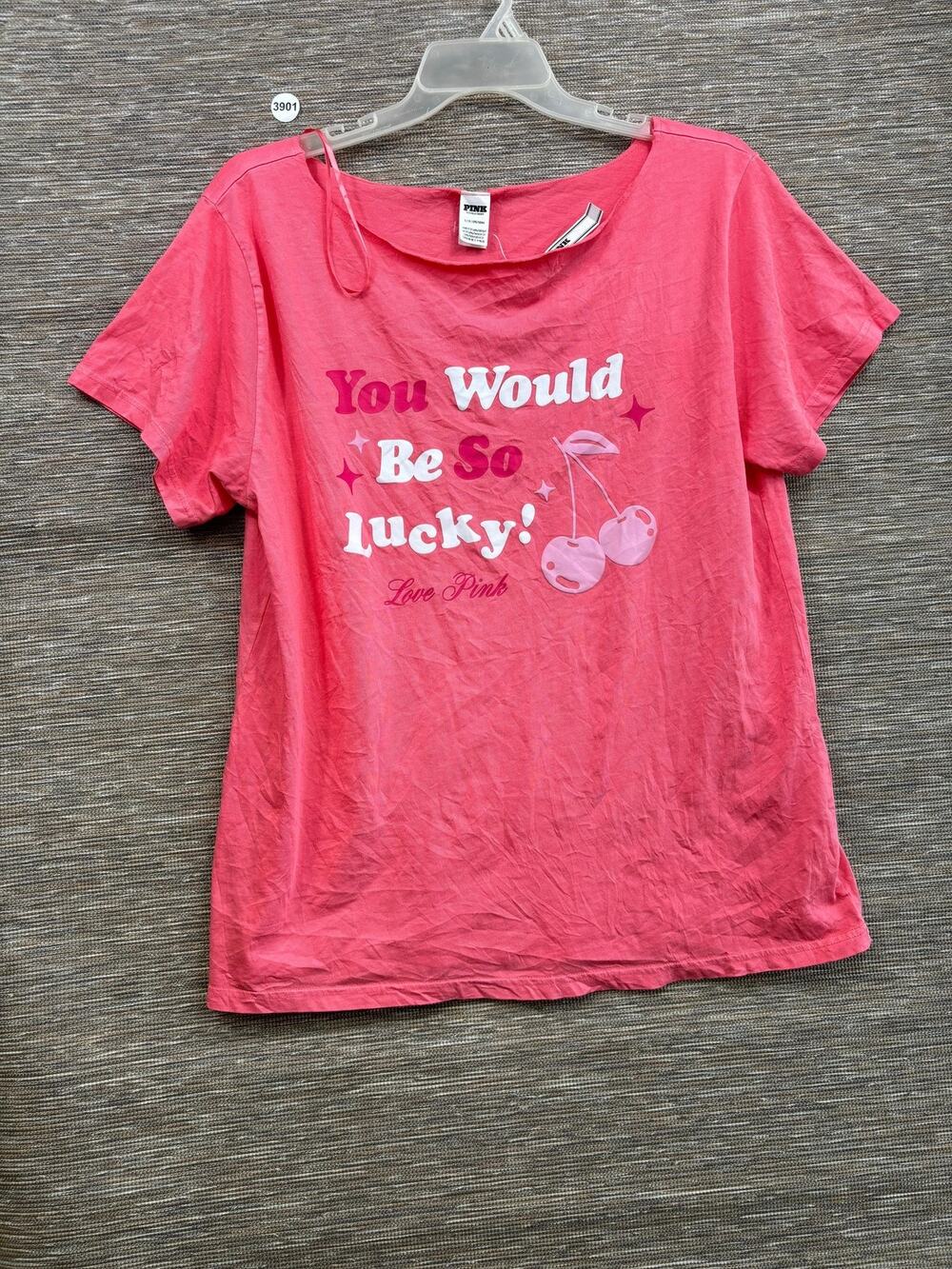 PINK Victoria's Secret Shirt Womens Large Pink Lucky Cherry Graphic Boatneck Tee